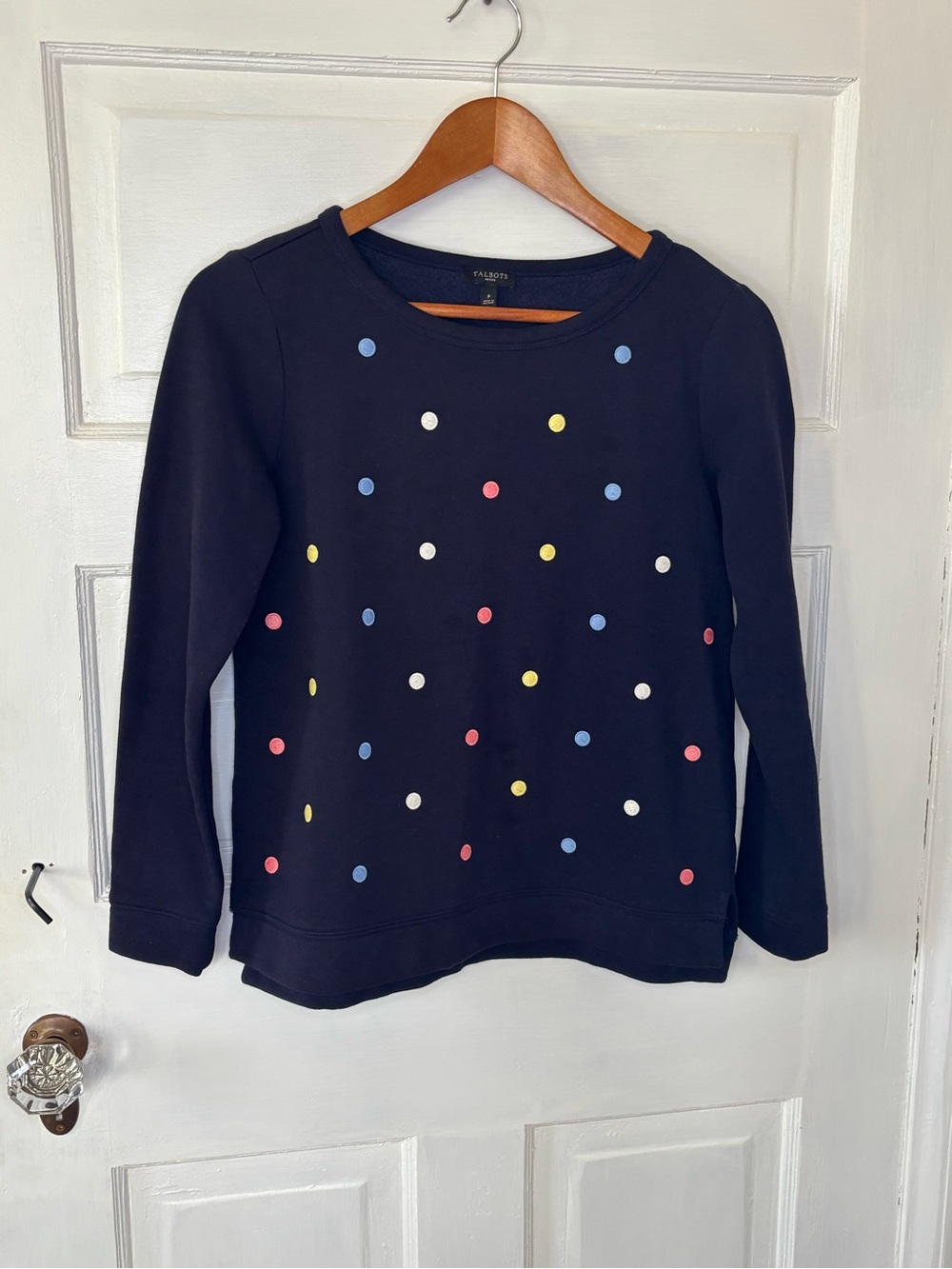 Talbots Navy Crewneck Sweatshirt with Multicolor Polka Dots